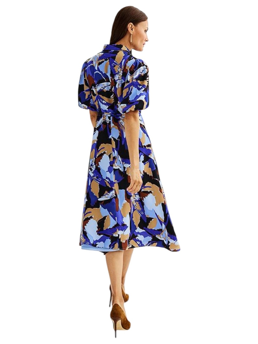 Nine West Satin Collared Midi Dress - Puff Balloon Sleeve - Button Down w/ Belt - Picture 4 of 10